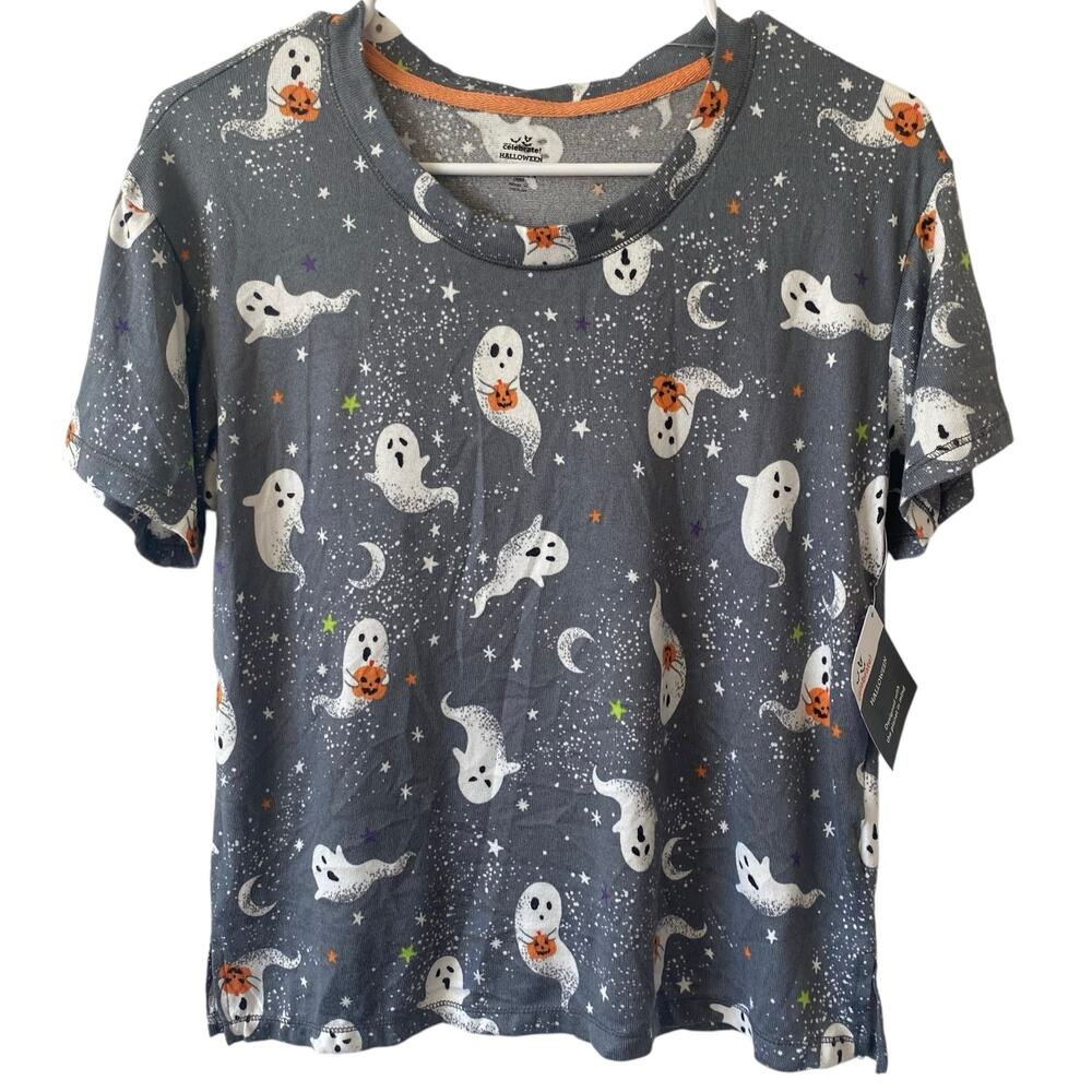 CELEBRATE HALLOWEEN Ghost Print Pajama T Shirt Gray Size Small Lightweight Knit